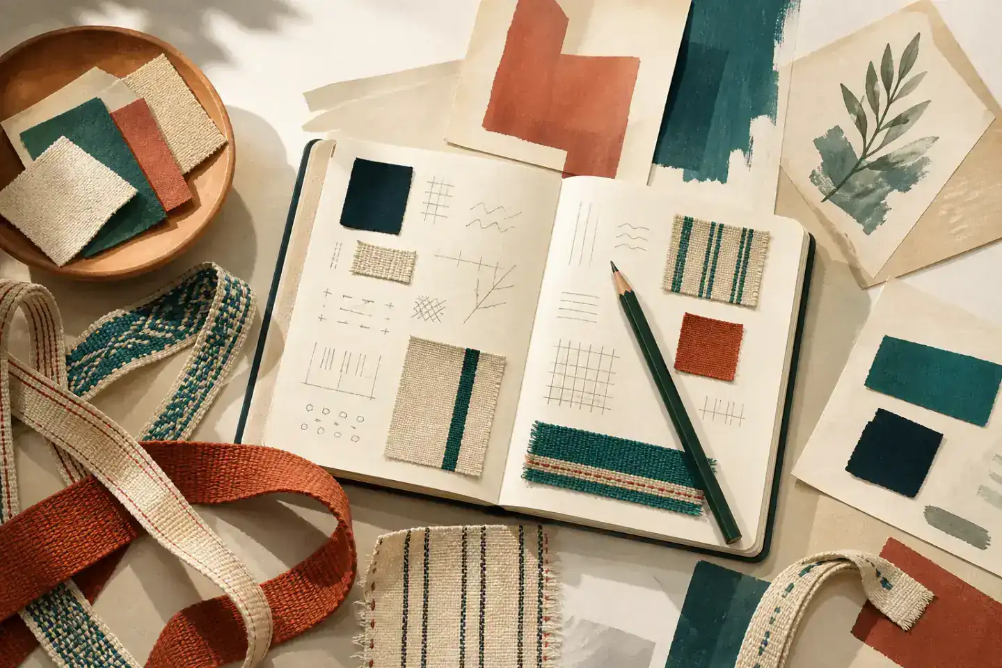 Cuaderno de campo rodeado de muestras textiles, cintas, papeles y un lápiz bajo luz cálida